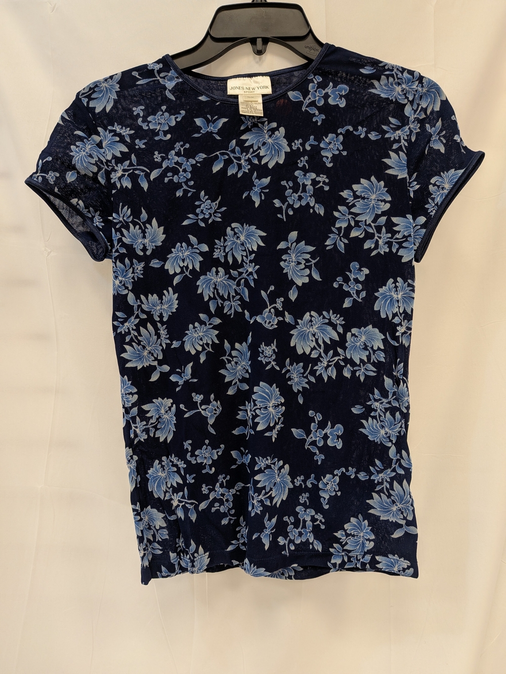 Jones New York Navy Blue Floral Velvet Short Sleeve Tee with Light Blue Blooms